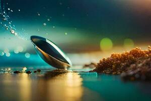 a spoon is sitting on the beach with water splashing around it. AI-Generated photo