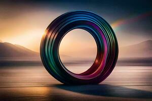un arco iris de colores anillo es mostrado en frente de un montaña. generado por ai foto