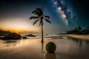 un Coco árbol es en el playa a puesta de sol. generado por ai foto