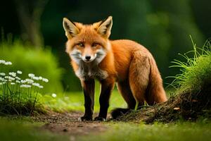 a red fox stands on a path in a forest. AI-Generated photo