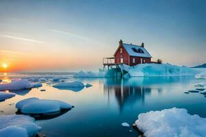 un rojo casa se sienta en parte superior de un iceberg en el medio de el océano. generado por ai foto