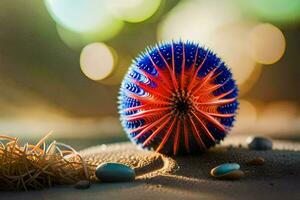 a blue and red sea urchin on the sand. AI-Generated photo