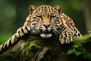 un leopardo es descansando en un árbol rama. generado por ai foto