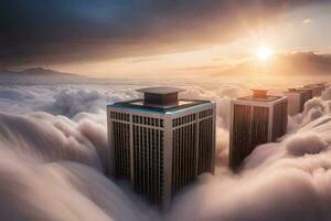 clouds and buildings in the sky above the clouds. AI-Generated photo