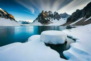 a large snow covered rock in the middle of a lake. AI-Generated photo