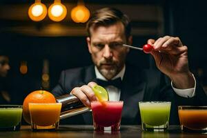 un hombre en un smoking es haciendo cocteles generado por ai foto