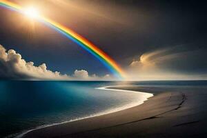 un arco iris es visto terminado el Oceano y arena. generado por ai foto