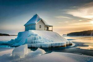 un pequeño casa en un isla cubierto en hielo. generado por ai foto