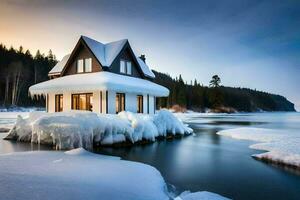 un casa en un isla cubierto en hielo. generado por ai foto