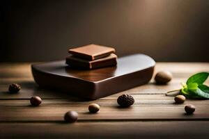 chocolate and nuts on a wooden table. AI-Generated photo