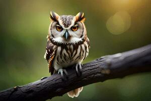 an owl is sitting on a branch with a blurry background. AI-Generated photo