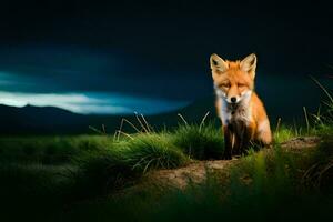 un zorro se sienta en un rock en un campo a noche. generado por ai foto