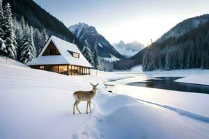 a deer stands in front of a cabin in the snow. AI-Generated photo