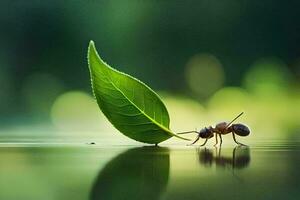 un pequeño insecto es en pie en el agua con un hoja. generado por ai foto