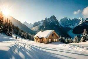 un cabina en el montañas con nieve en el suelo. generado por ai foto