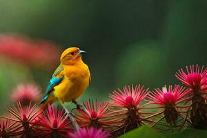 un vistoso pájaro se sienta en parte superior de algunos rosado flores generado por ai foto