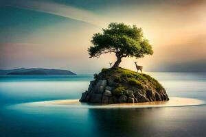 un solitario árbol soportes en un isla en el medio de el océano. generado por ai foto