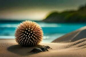 a spiky ball sits on the sand in front of the ocean. AI-Generated photo