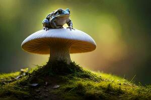 a frog sits on top of a mushroom. AI-Generated photo