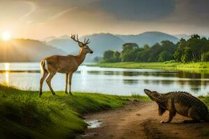 a deer and an alligator in the sunset. AI-Generated photo