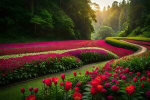 un hermosa jardín con flores y arboles generado por ai foto