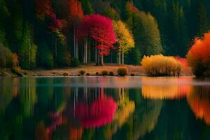 otoño arboles son reflejado en el agua. generado por ai foto
