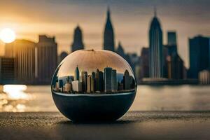 a cityscape is reflected in an apple. AI-Generated photo