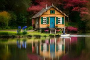 un pequeño cabina es sentado en el apuntalar de un lago. generado por ai foto