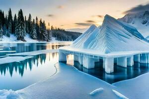 a frozen lake with a large ice structure. AI-Generated photo