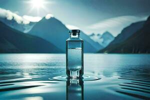 a bottle of water sitting on the water with mountains in the background. AI-Generated photo