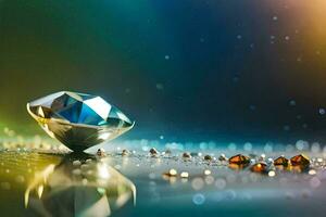 un diamante es sentado en un mesa con espumoso luces. generado por ai foto