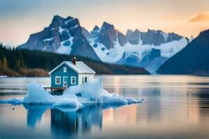 a small house sits on an iceberg in front of mountains. AI-Generated photo