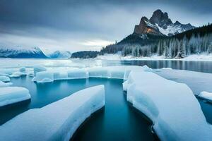 ice floes float in the water near a mountain. AI-Generated photo