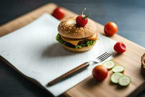 un hamburguesa en un corte tablero con un cuchillo y tenedor. generado por ai foto