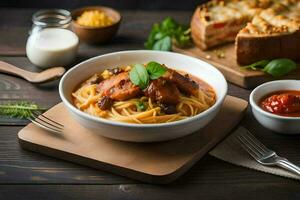 spaghetti with meat and tomato sauce in a bowl. AI-Generated photo