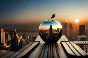 an apple sitting on top of a table with a city in the background. AI-Generated photo