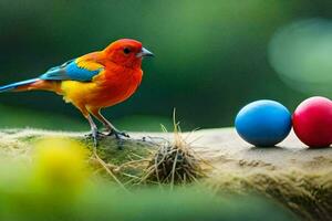 a colorful bird sits on a branch next to colorful eggs. AI-Generated photo