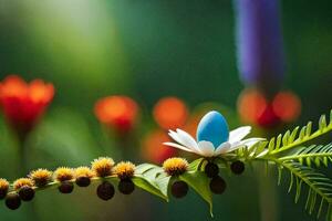 a blue egg on a plant with flowers. AI-Generated photo