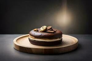 un chocolate pastel en un de madera lámina. generado por ai foto