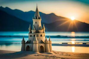 a sand castle on the beach at sunset. AI-Generated photo