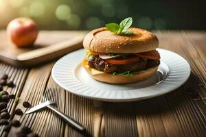 a hamburger with tomatoes and lettuce on a white plate. AI-Generated photo