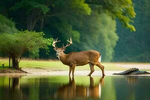 a deer stands in the water near a tree. AI-Generated photo