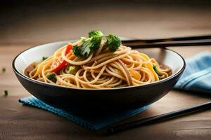 chinese noodles in a bowl with chopsticks. AI-Generated photo