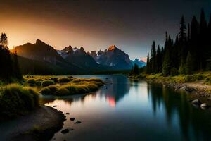 un hermosa puesta de sol terminado un río y montañas. generado por ai foto