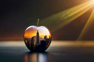 an apple with a city in it. AI-Generated photo