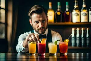 a man in a tuxedo is holding up four different drinks. AI-Generated photo