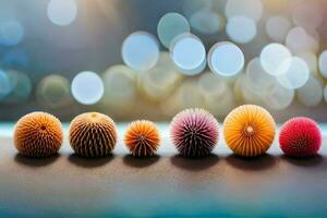 a row of colorful spiky balls on a table. AI-Generated photo