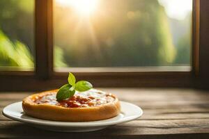 a slice of pizza on a plate with a window in the background. AI-Generated photo