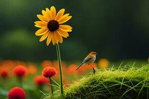 a bird is perched on a flower in a field. AI-Generated photo