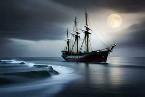 a sailing ship in the ocean under a full moon. AI-Generated photo